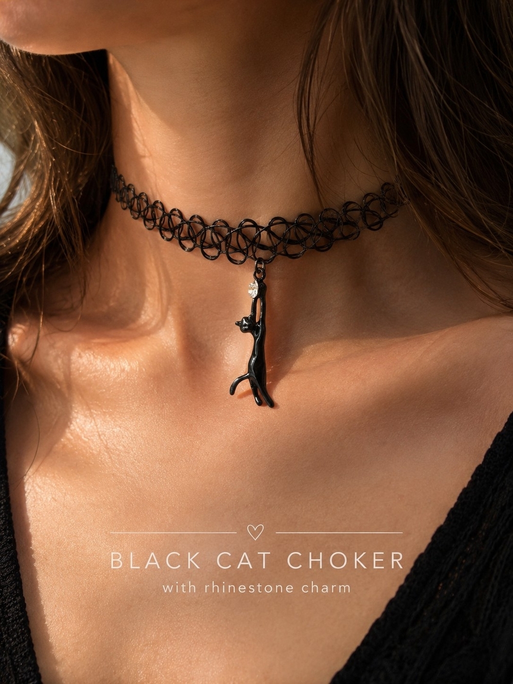 Black Cat Stretch Choker Necklace with Rhinestone Charm 90s Y2K New